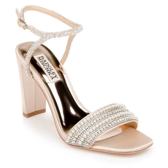 Badgley Mischka Size 7 Kari Soft Nude Satin Jeweled Block Open Toe Heels Shoes